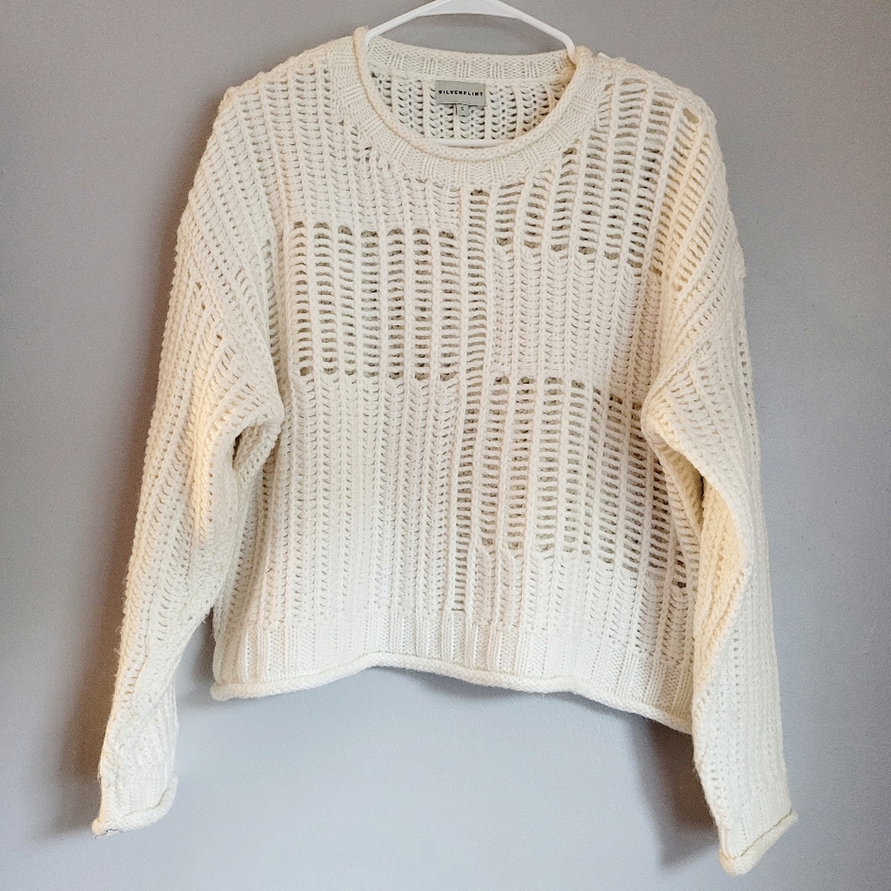 SilverFlint Wool Blend Chunky Open Knit Weave Eyelet Off White Sweater Sz Small
